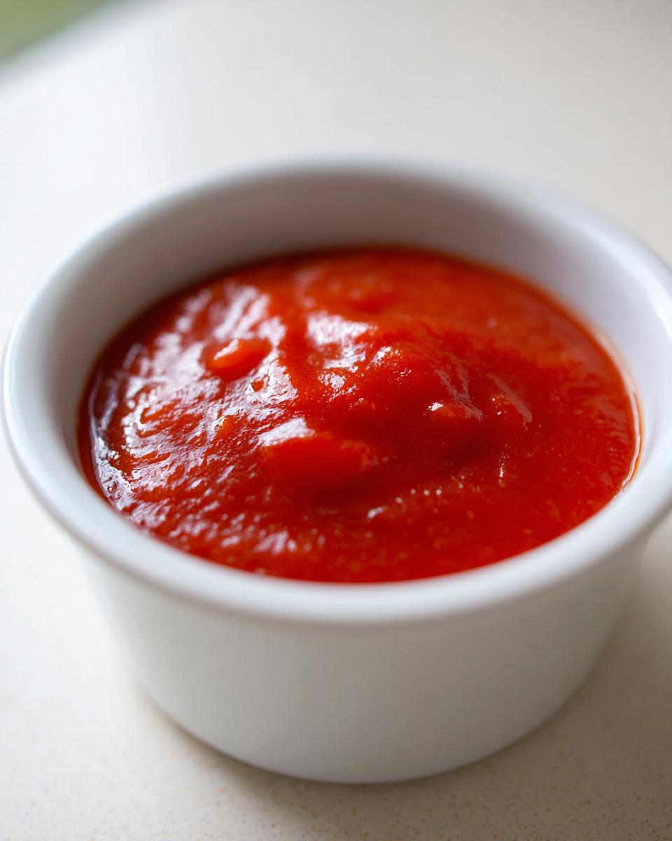 Close-up of bright red homemade cocktail sauce filling a small white dipping bowl.