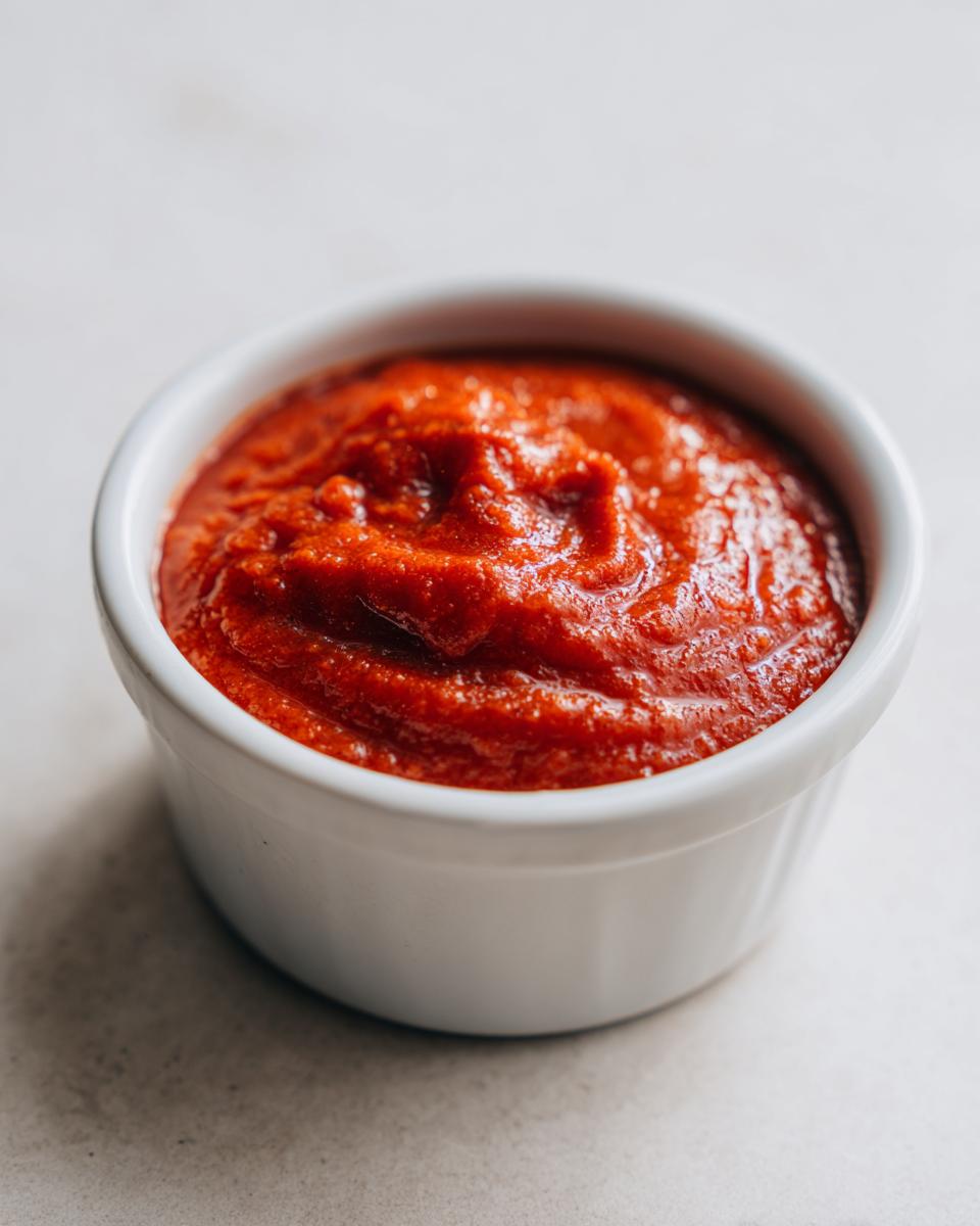 Close-up of thick, vibrant red homemade cocktail sauce served in a small white ramekin.