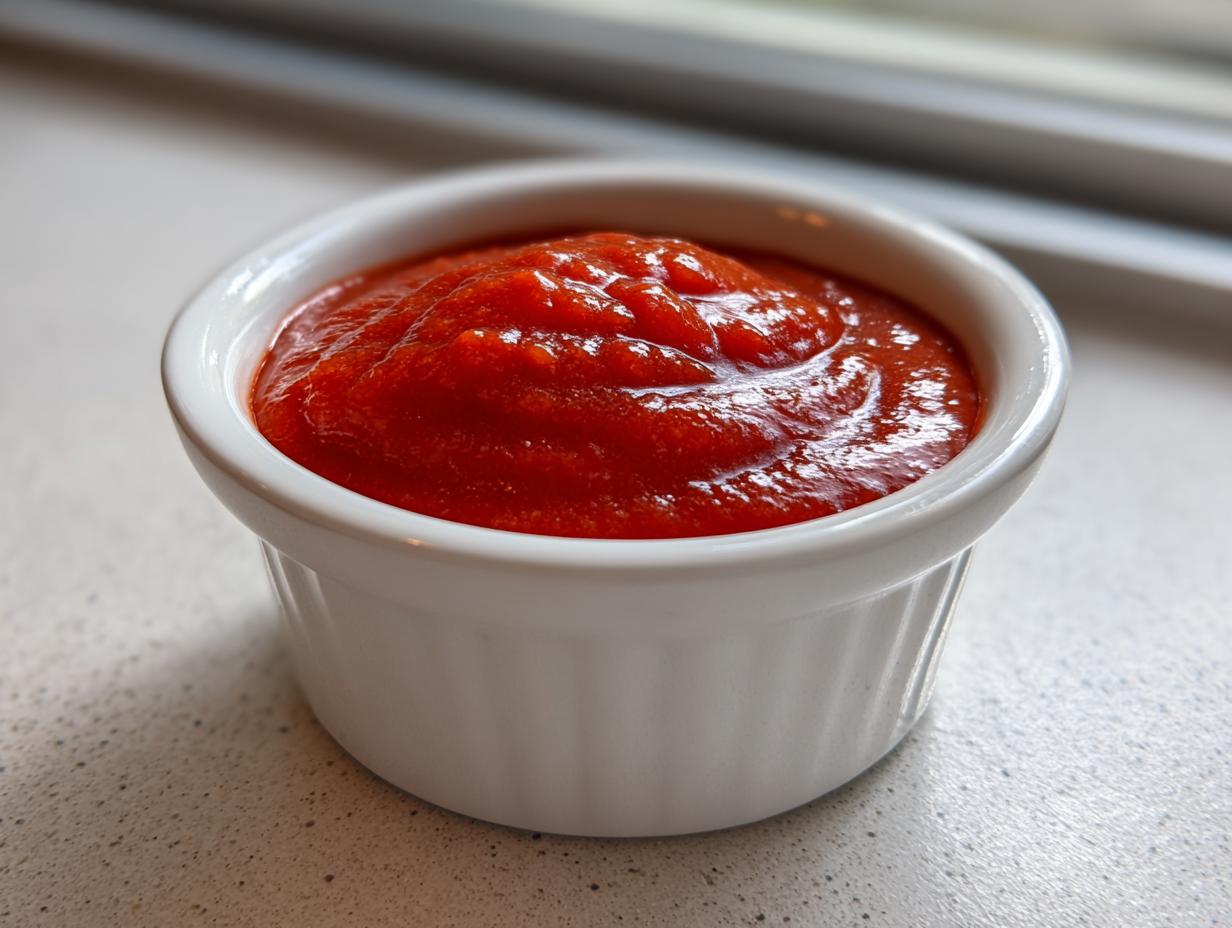 Close-up of vibrant, thick homemade cocktail sauce served in a small white fluted ramekin.