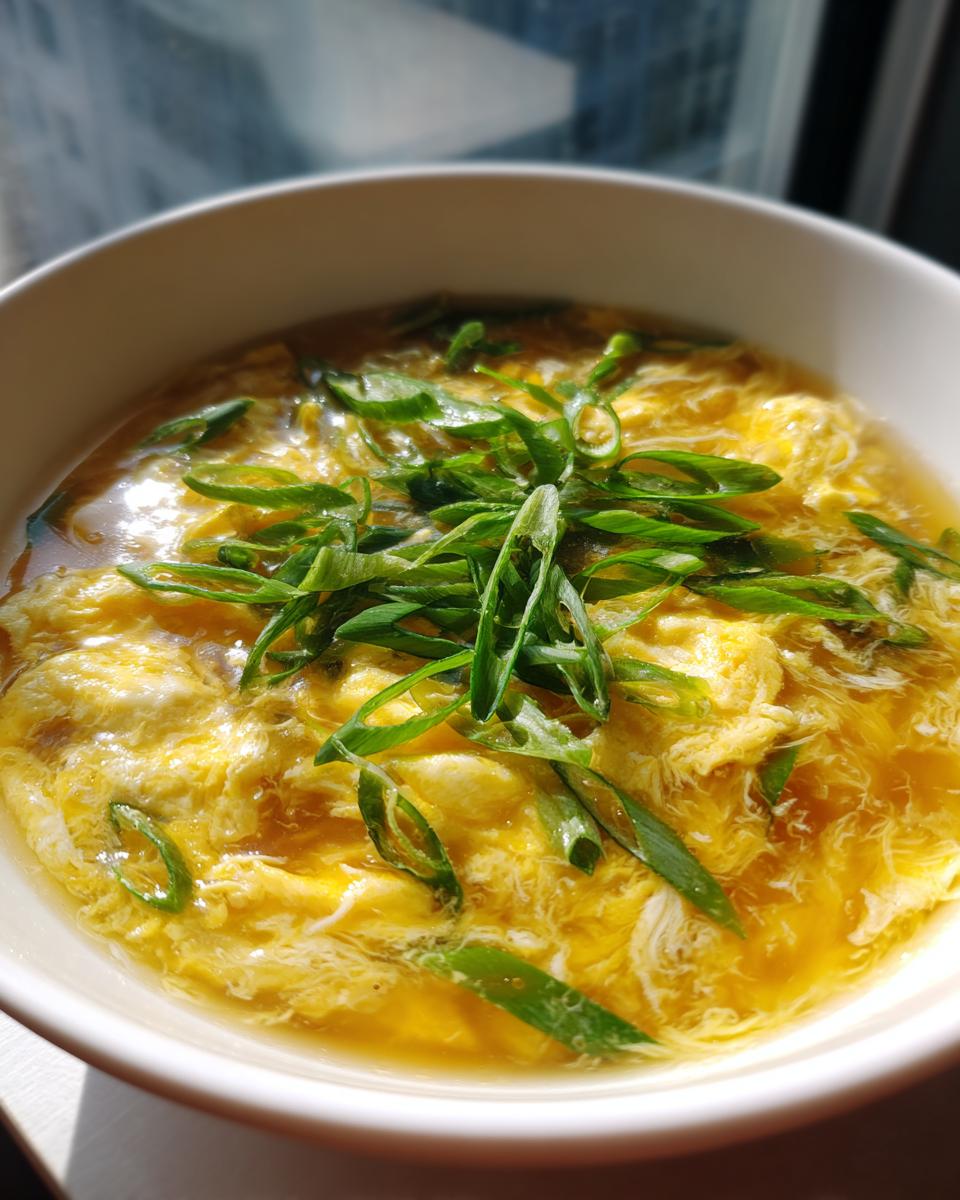 A close-up of a bowl of hot egg drop soup featuring wispy cooked egg ribbons and topped generously with fresh green scallions.
