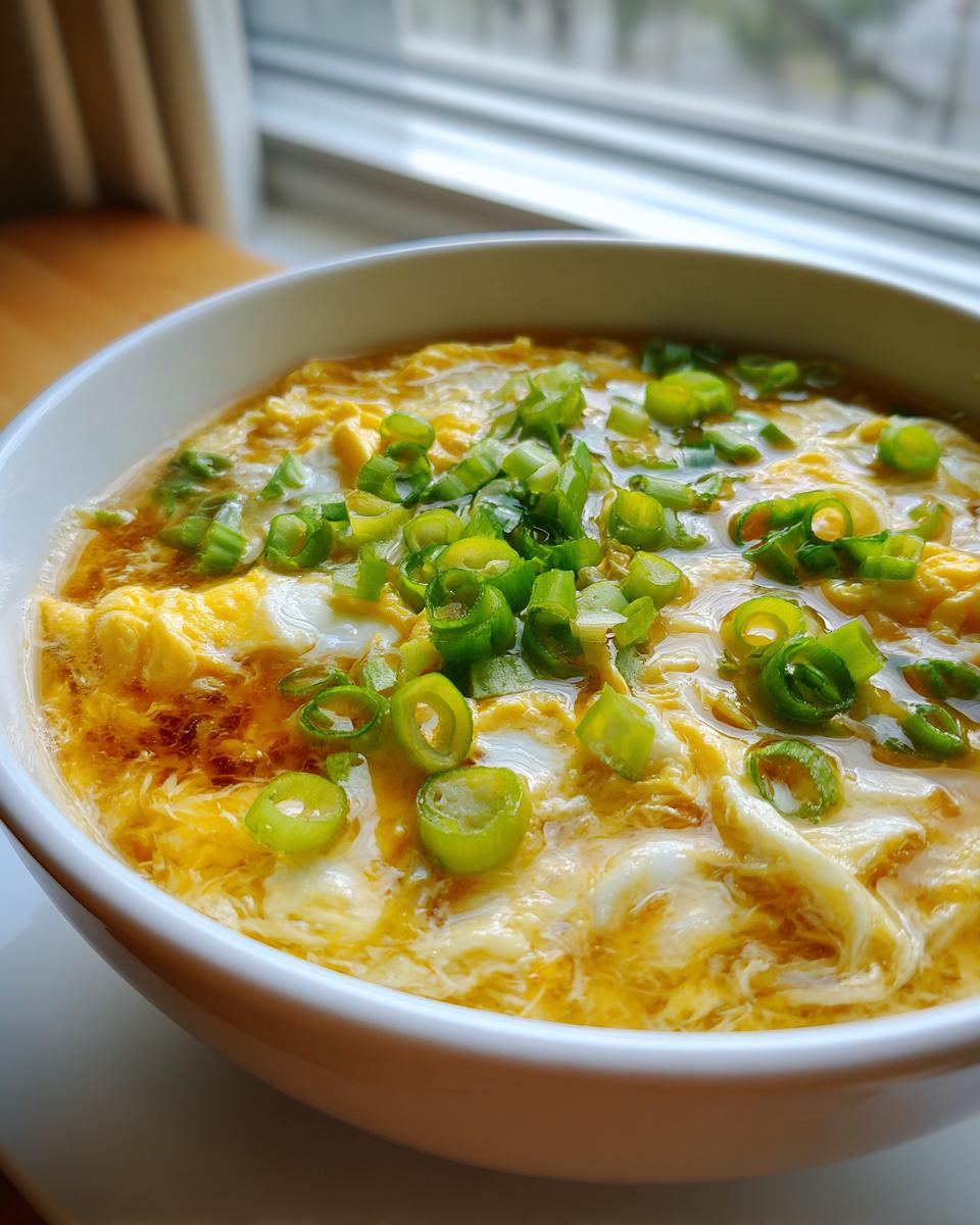 A close-up view of a white bowl filled with savory egg drop soup, topped generously with bright green sliced scallions.