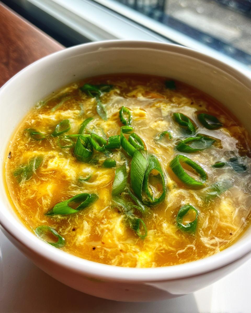 A close-up view of a white bowl filled with golden yellow egg drop soup, topped generously with bright green sliced scallions.