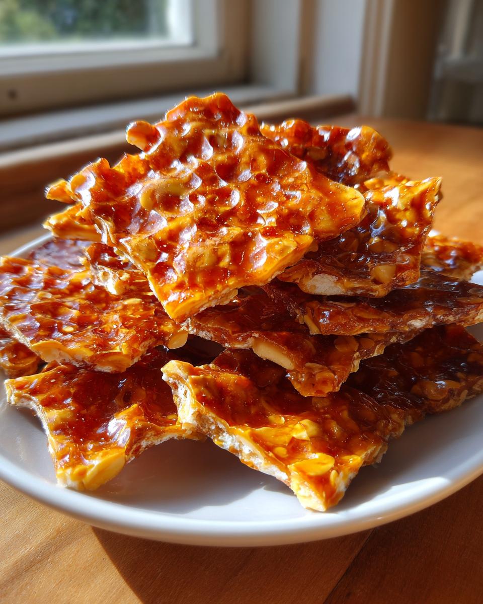 A stack of shiny, broken pieces of homemade peanut brittle recipe resting on a white plate.