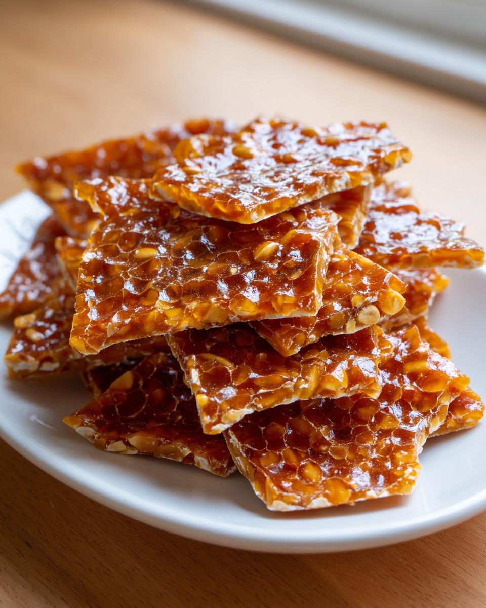 A stack of freshly broken, glossy pieces of homemade peanut brittle recipe on a white plate.