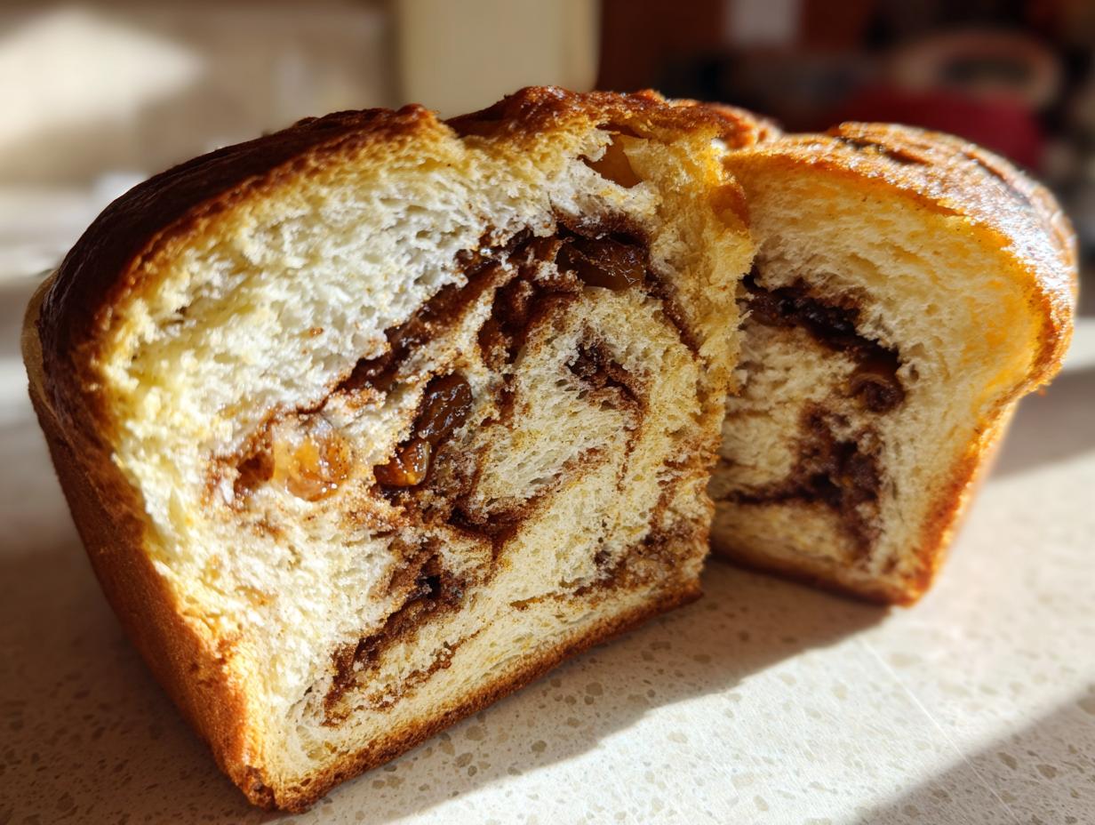 Close-up of a freshly baked raisin bread loaf cut in half, showing the swirl of cinnamon and plump raisins inside.