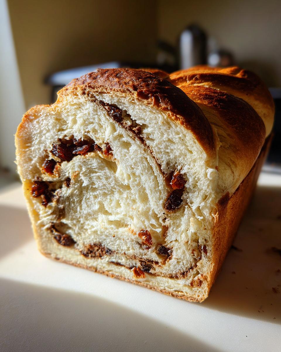 Close-up of a freshly baked loaf of soft raisin bread, showing the swirl of cinnamon and plump raisins inside.