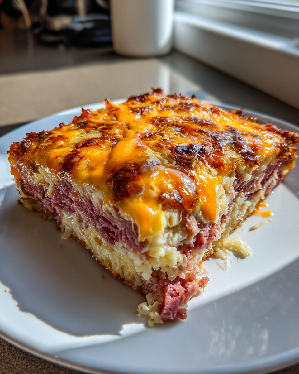 Close-up of a square slice of homemade reuben bake with layers of corned beef, sauerkraut, and a bubbly, browned cheese topping.