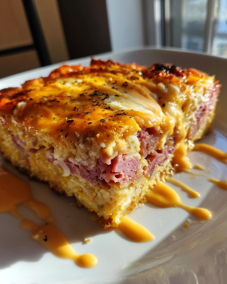 Close-up of a hearty slice of homemade reuben bake with corned beef, cheese, and a drizzle of sauce.