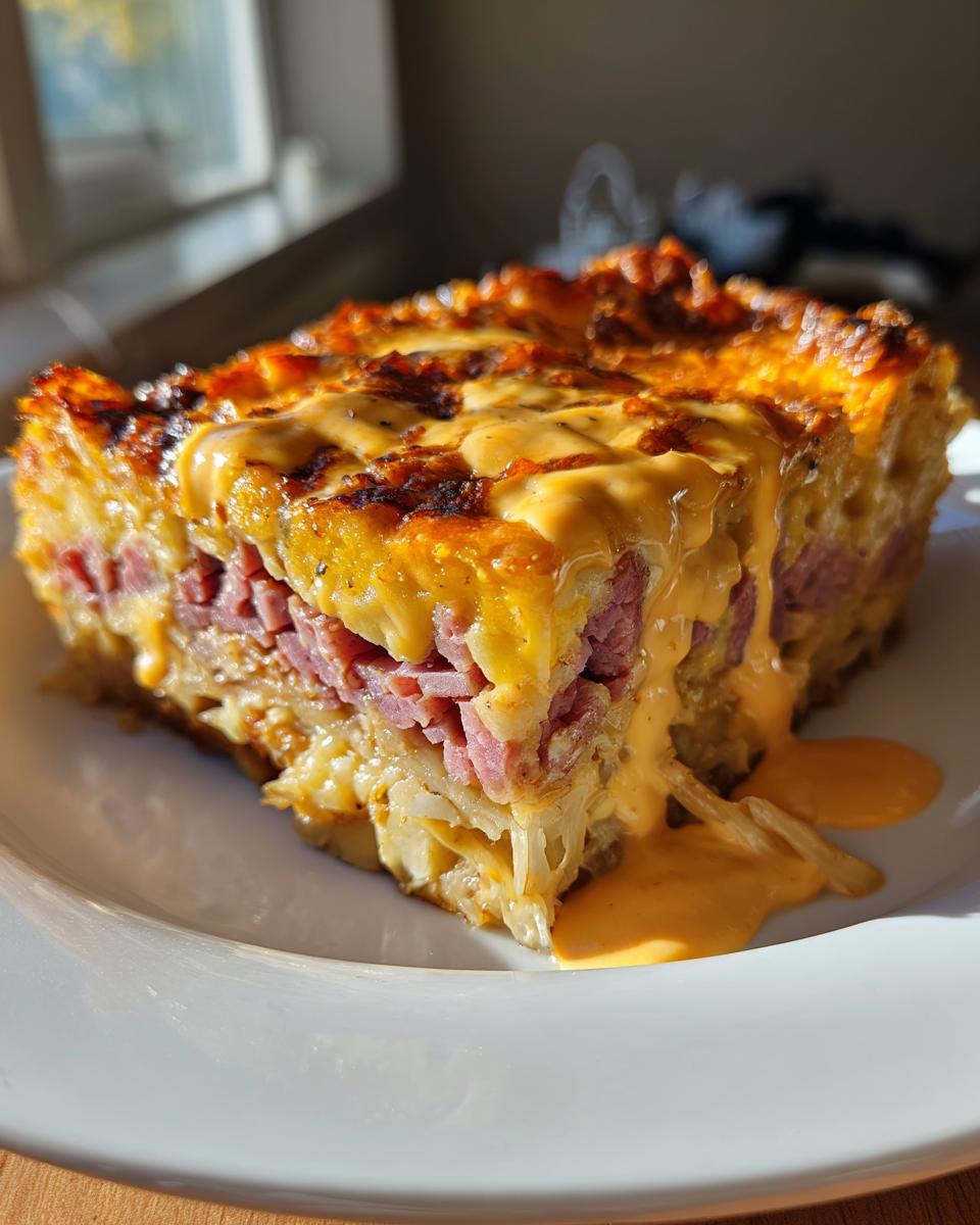 A thick slice of homemade reuben bake, layered with corned beef and sauerkraut, topped with melted cheese and Russian dressing.