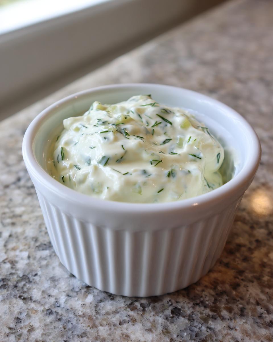 Close-up of creamy homemade tartar sauce with visible herbs and relish, served in a small white fluted bowl.