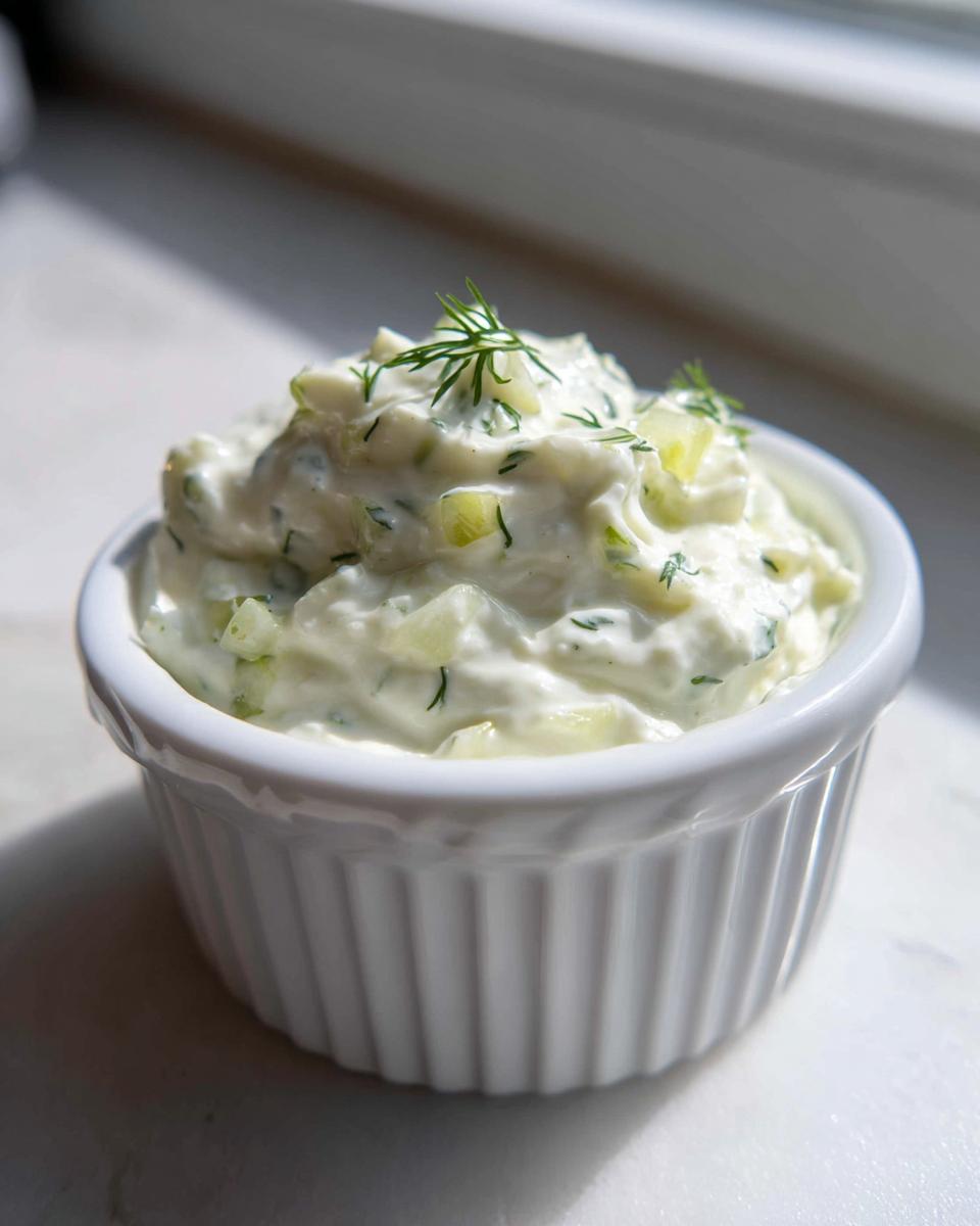 A close-up of creamy homemade tartar sauce, garnished with fresh dill, served in a small white ramekin.