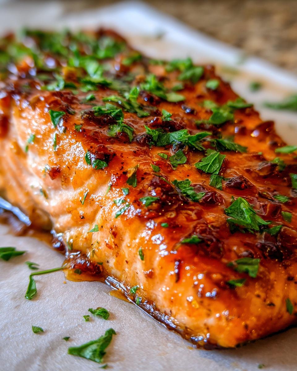 Close-up of a perfectly cooked salmon recipe fillet coated in a shiny honey garlic glaze and topped with fresh parsley.