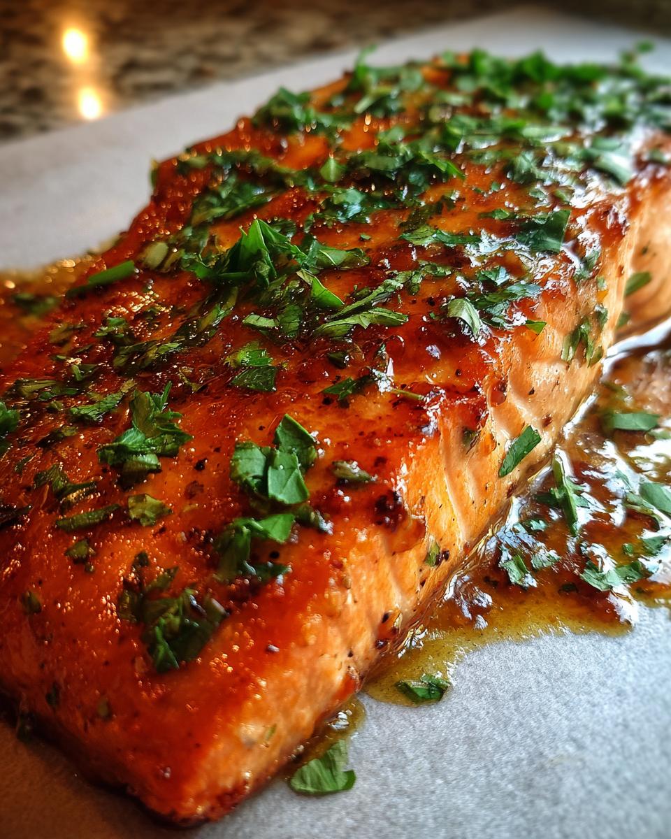 Close-up of a perfectly cooked salmon recipe fillet covered in a glossy honey garlic glaze and fresh parsley.