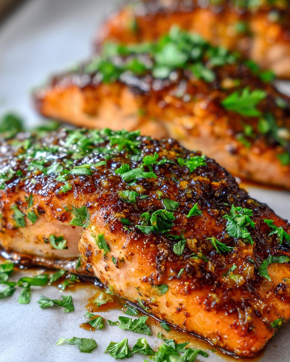 Close-up of a perfectly cooked salmon recipe fillet glazed with honey garlic sauce and topped with fresh parsley.