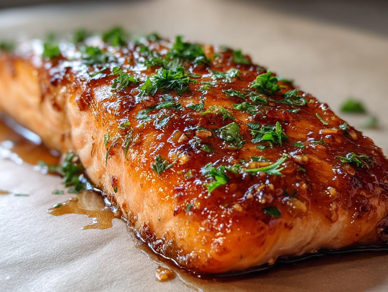Close-up of a perfectly cooked salmon recipe fillet covered in a shiny honey garlic glaze and fresh parsley.