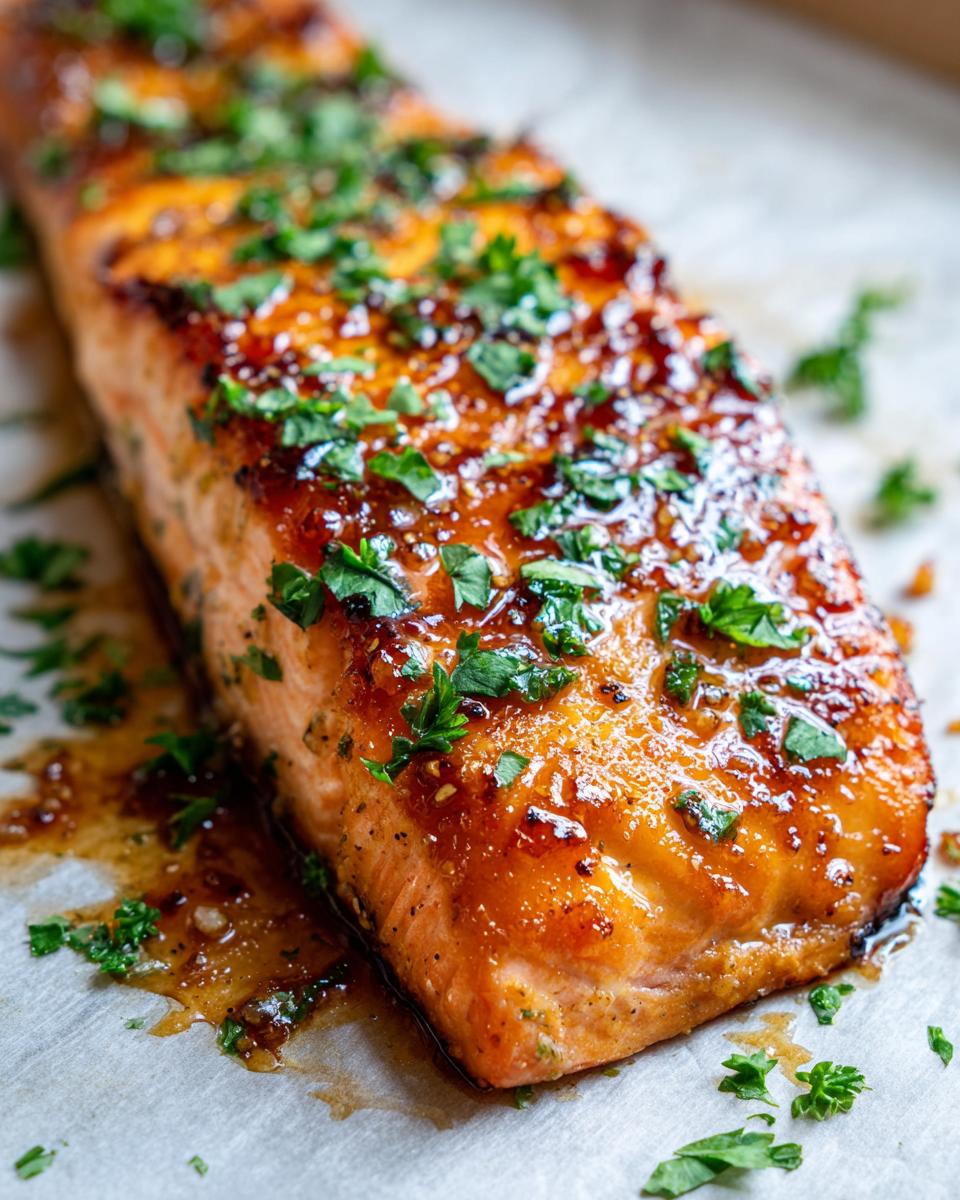 Close-up of a perfectly cooked honey garlic salmon recipe fillet, glazed and topped with fresh parsley.
