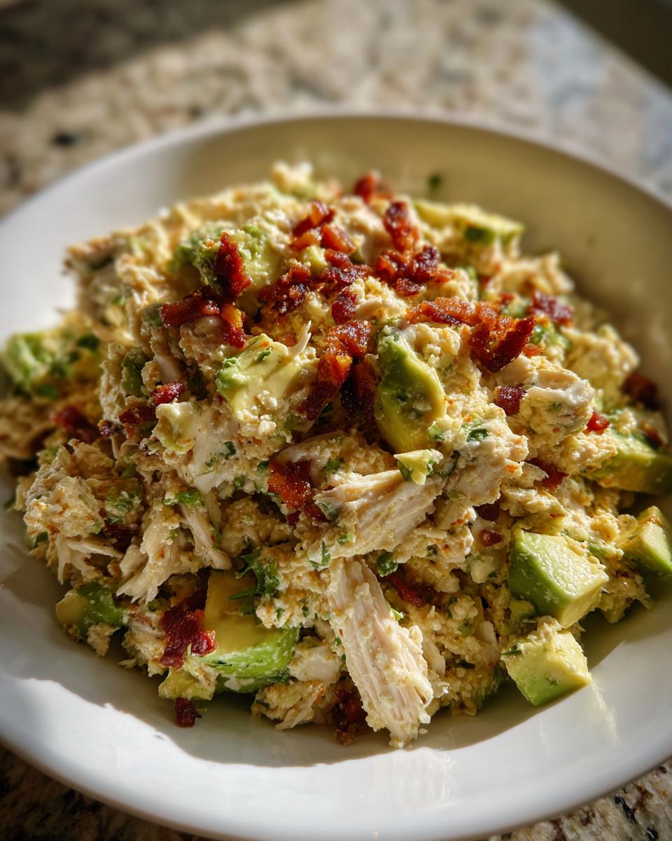 Close-up of a bowl filled with chunky honey mustard chicken salad mixed with diced avocado and topped with crispy bacon bits.
