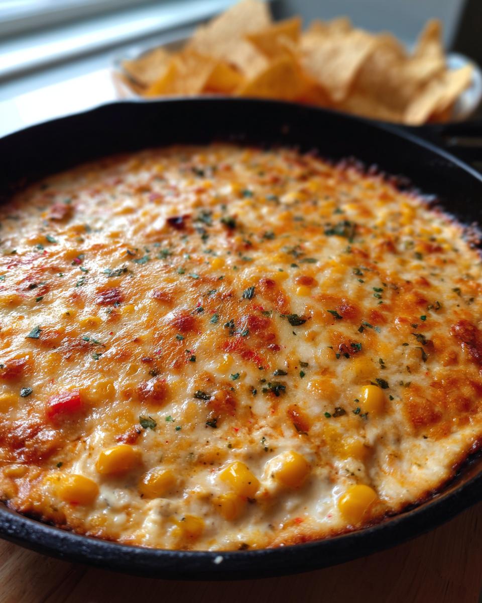 Close-up of a bubbling, cheesy elote dip baked in a black cast iron skillet, served with tortilla chips in the background.