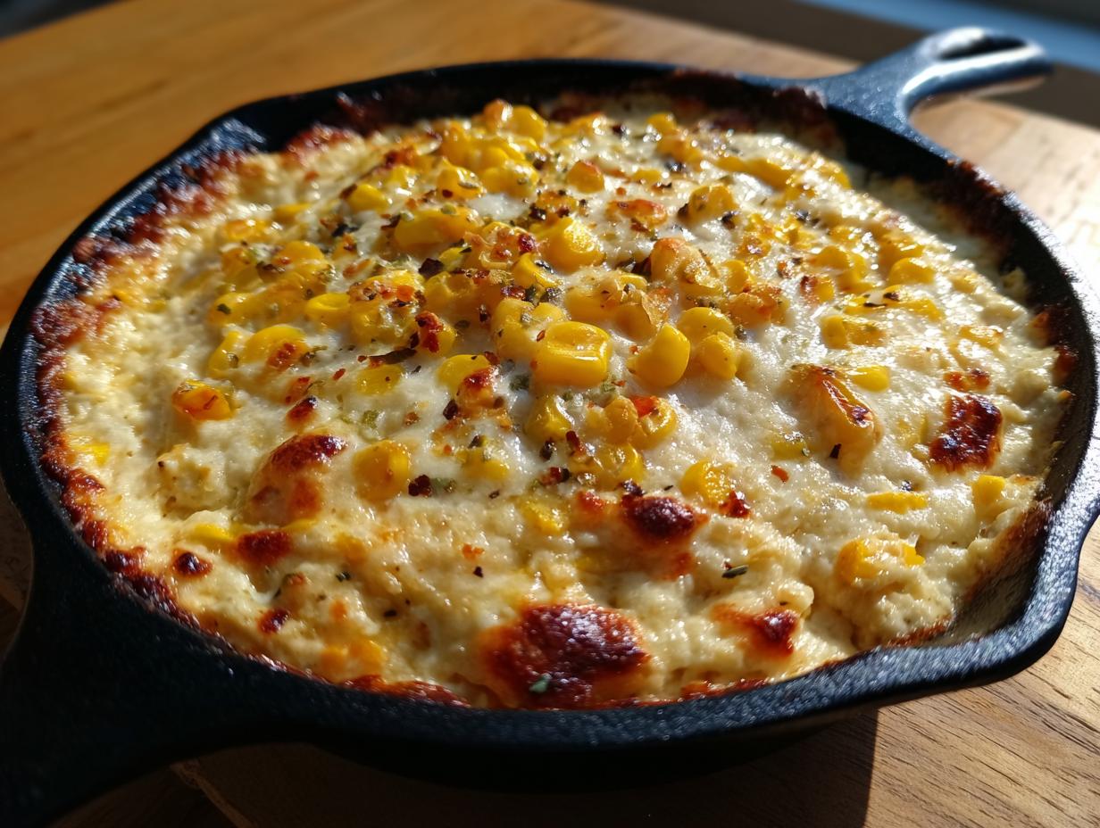 Close-up of a creamy, baked elote dip topped with corn kernels and spices in a black cast iron skillet.