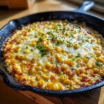 Close-up of a bubbling, cheesy elote dip topped with corn kernels and fresh green herbs in a black cast iron skillet.