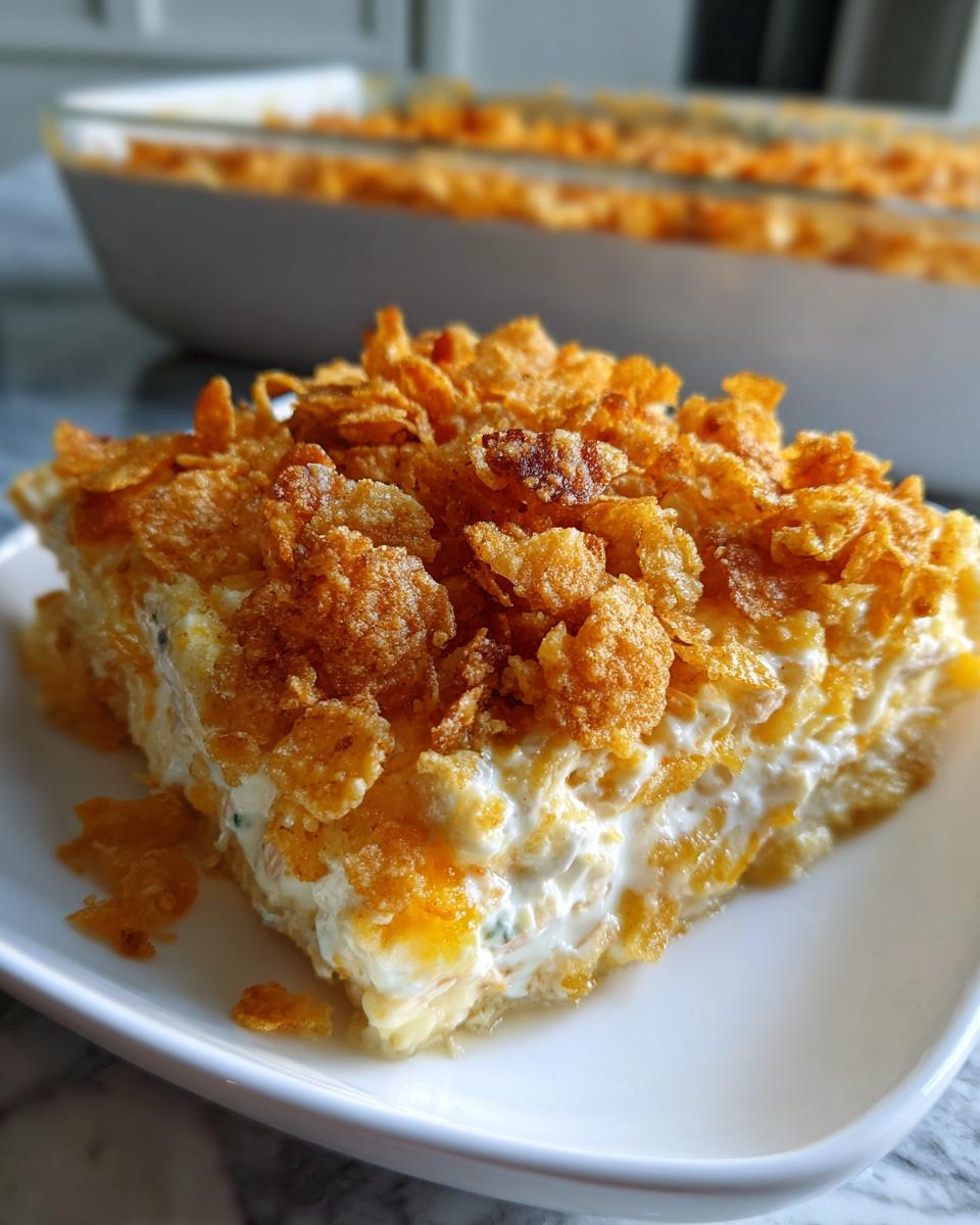 A close-up serving of creamy hot chicken salad casserole topped generously with crispy, golden corn flakes.