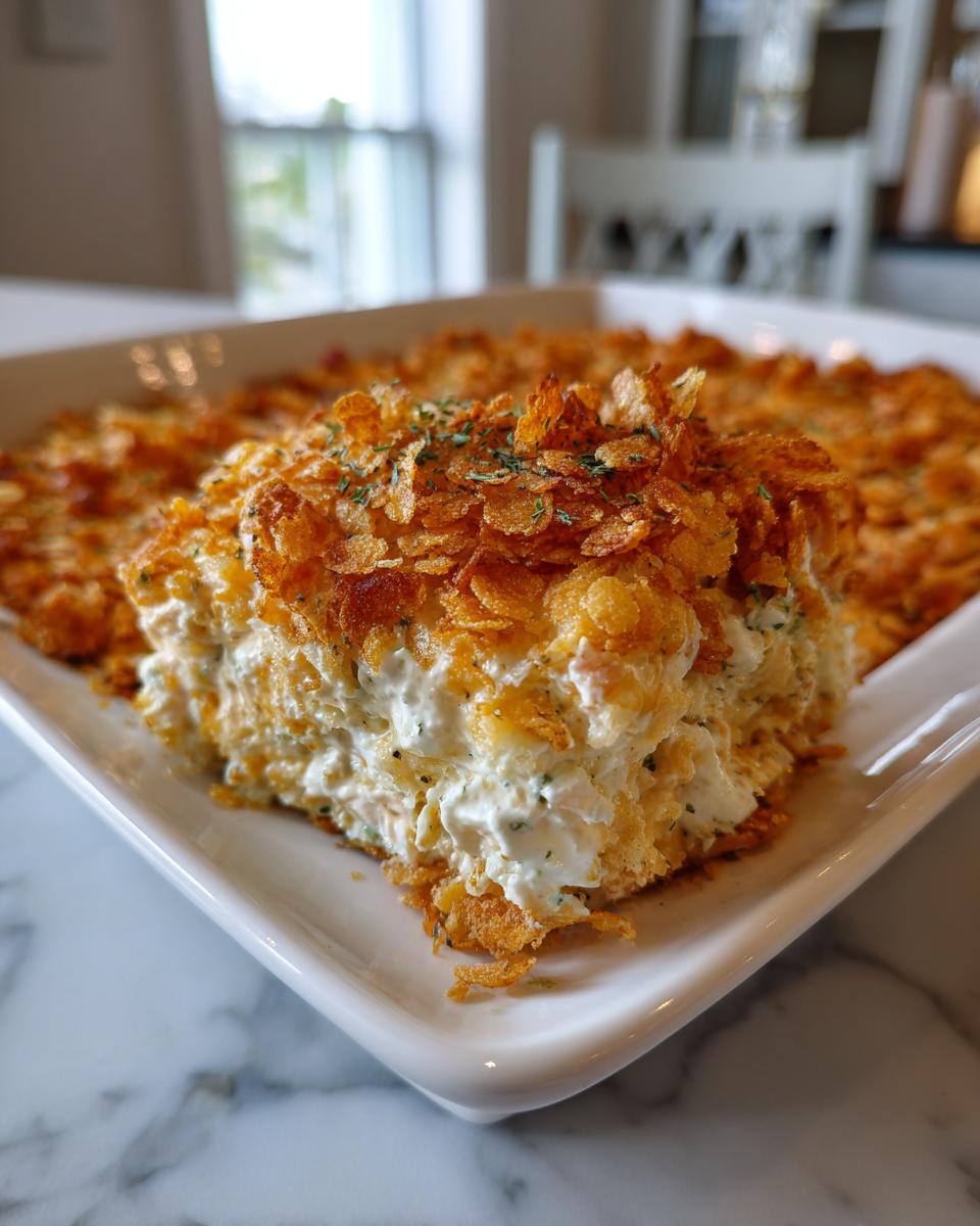 A scoop of creamy hot chicken salad casserole topped with golden, crunchy cornflakes, served in a white dish.