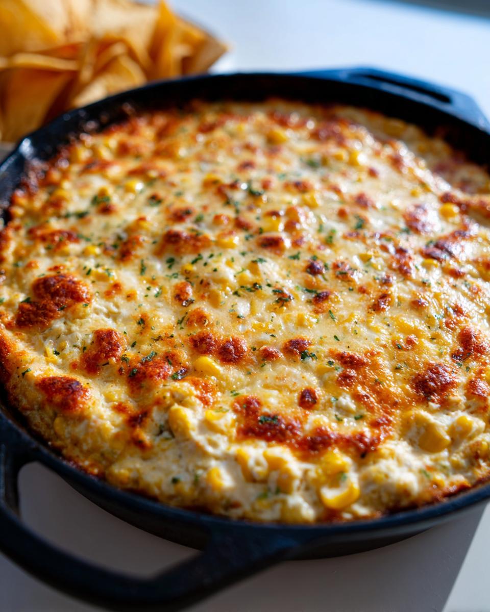 Close-up of a hot, baked elote dip topped with melted, browned cheese and parsley in a cast iron skillet, with tortilla chips visible behind it.