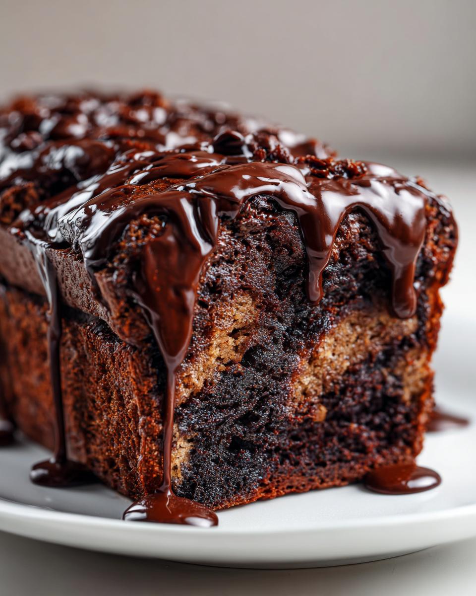 A close-up of a slice of rich, dark hot fudge brownie bread topped with thick, glossy chocolate fudge sauce.