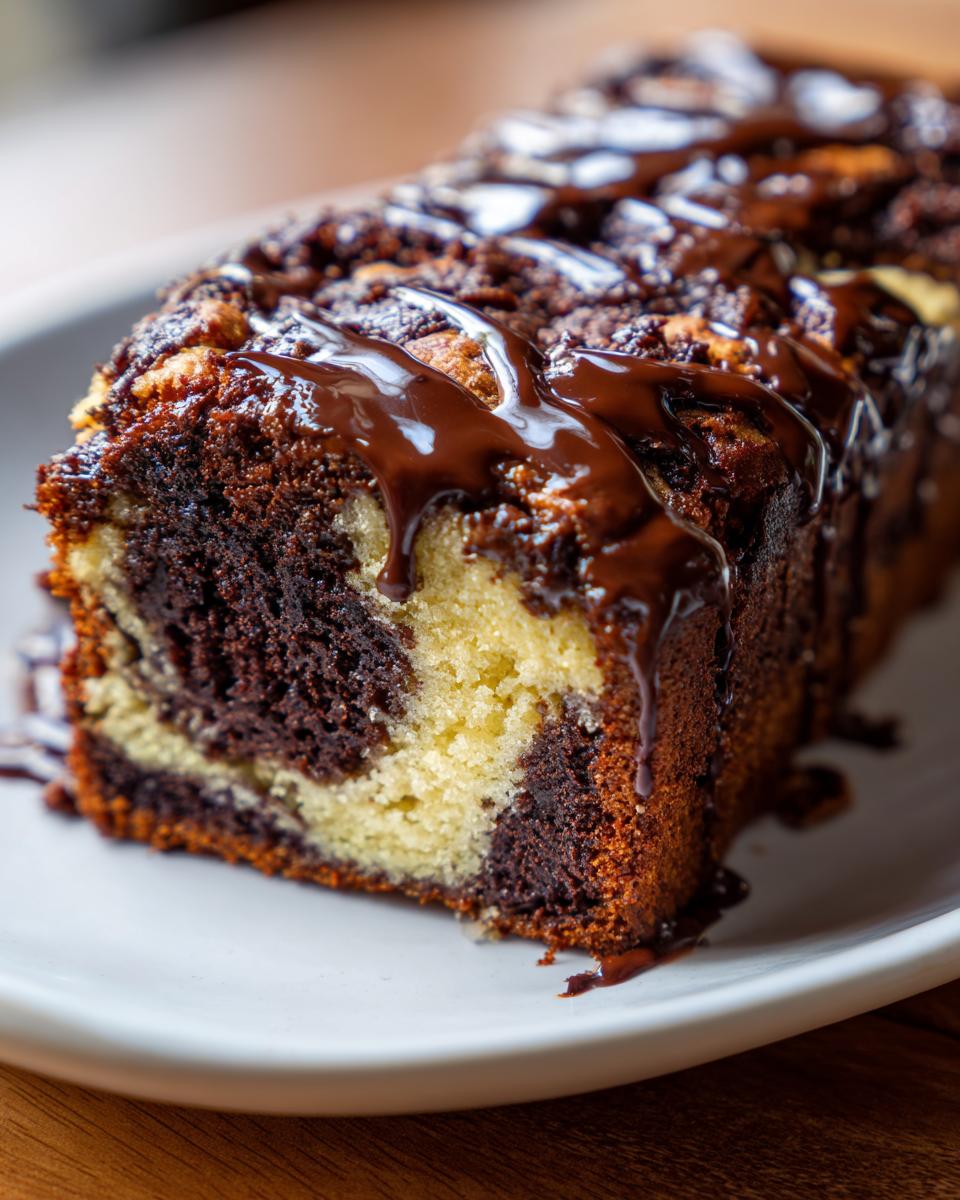 Close-up of a loaf of hot fudge brownie bread showing marbled vanilla and chocolate cake topped with thick chocolate drizzle.