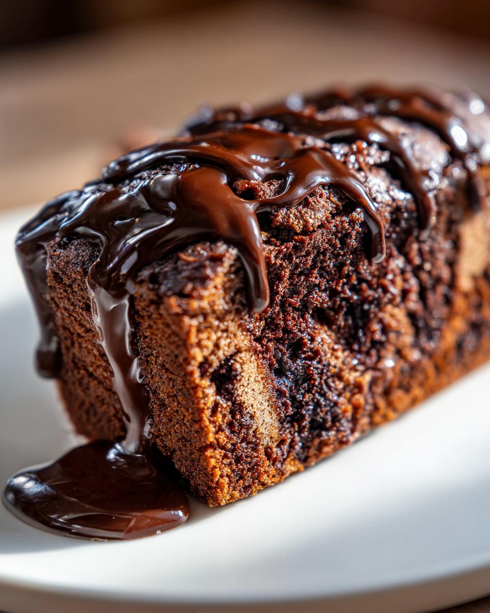 Close-up of a moist slice of hot fudge brownie bread generously topped with dripping chocolate fudge sauce.