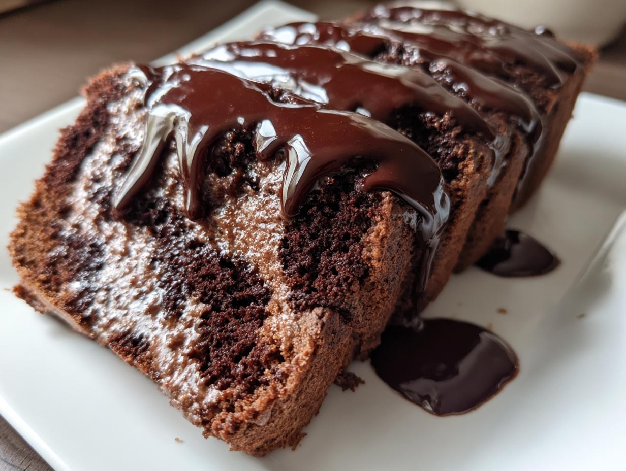 Close-up of sliced hot fudge brownie bread drizzled generously with dark chocolate fudge sauce.