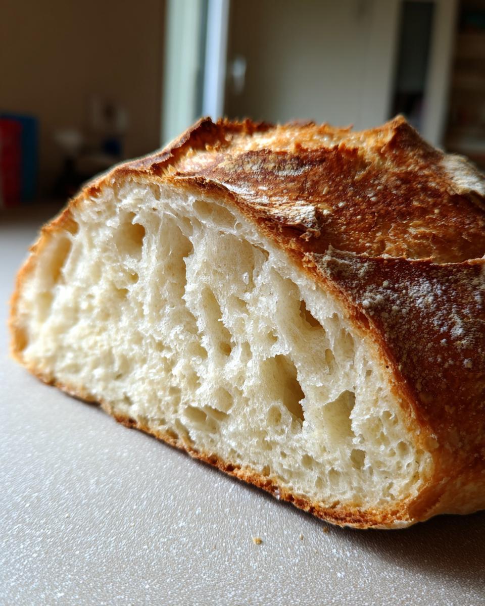 Close-up of the airy, open crumb structure of a freshly baked Italian bread loaf with a golden crust.