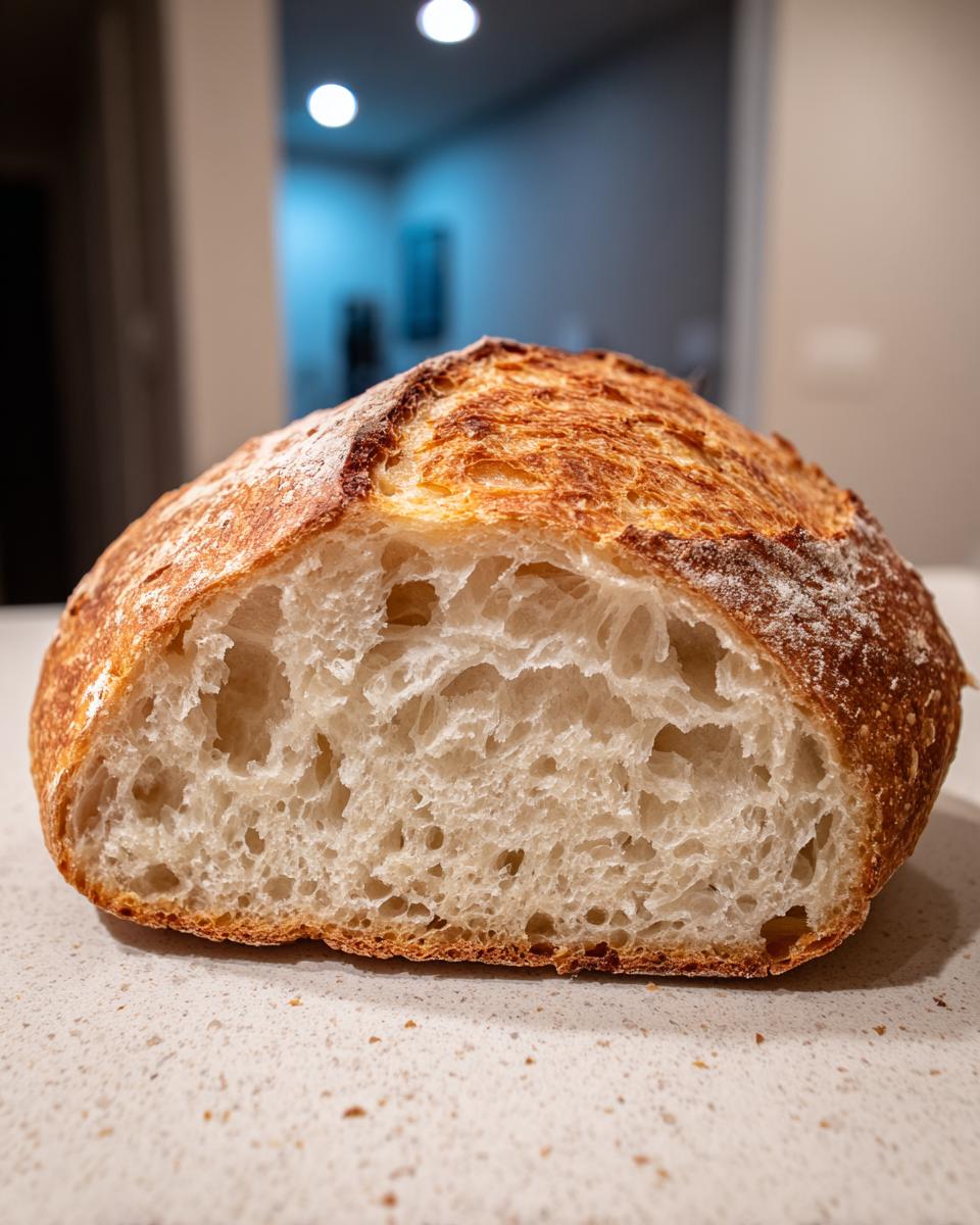 Cross-section showing the airy, open crumb structure of the amazing 1-hour Italian bread loaf.