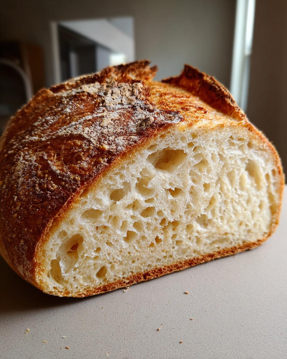 Close-up cross-section showing the open, airy crumb structure of the freshly baked Italian bread.