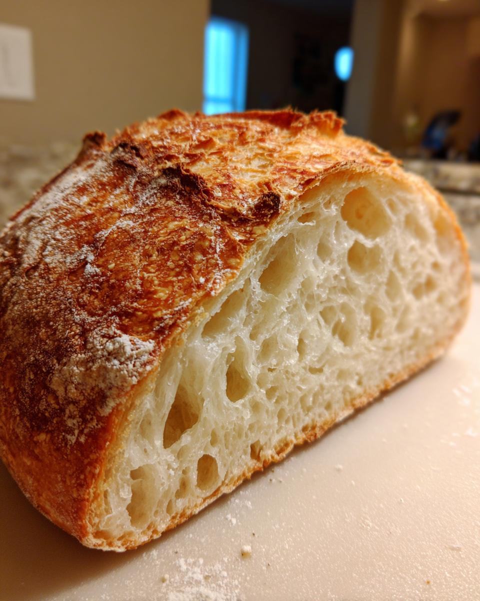 Close-up of a freshly baked Italian bread loaf cut in half, showing a golden crust and an open, airy crumb structure.