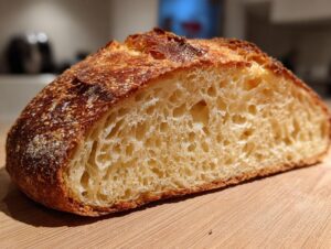 Close-up of the open crumb structure and golden crust of a freshly baked Italian bread loaf.