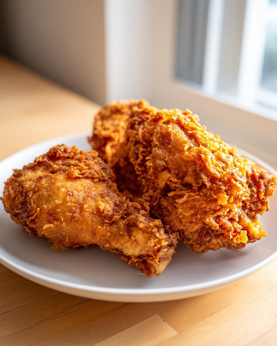 Three pieces of golden brown, crispy air fryer fried chicken resting on a white plate near a window.