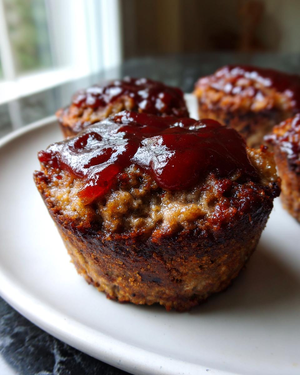 A close-up of a freshly baked mini meatloaf topped with a thick, shiny red glaze, sitting on a white plate.