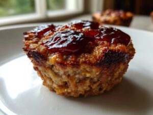 A close-up of a single, perfectly baked mini meatloaf topped with a shiny, dark red glaze, sitting on a white plate.