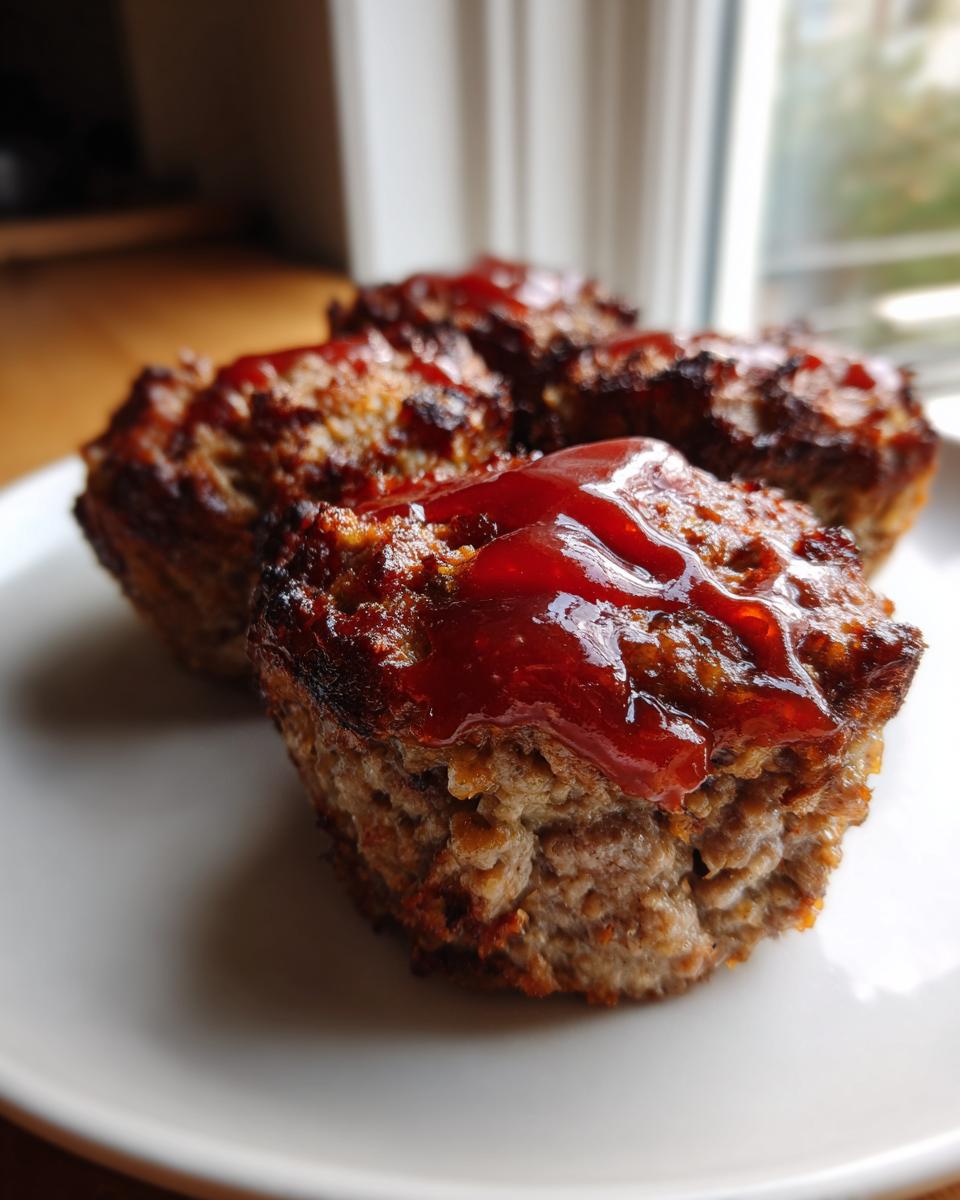 Close-up of a juicy mini meatloaf topped with a thick, shiny ketchup glaze, served on a white plate.