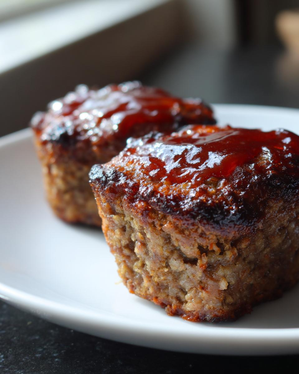 Close-up of two perfectly baked mini meatloaf portions topped with a shiny, dark red glaze, served on a white plate.