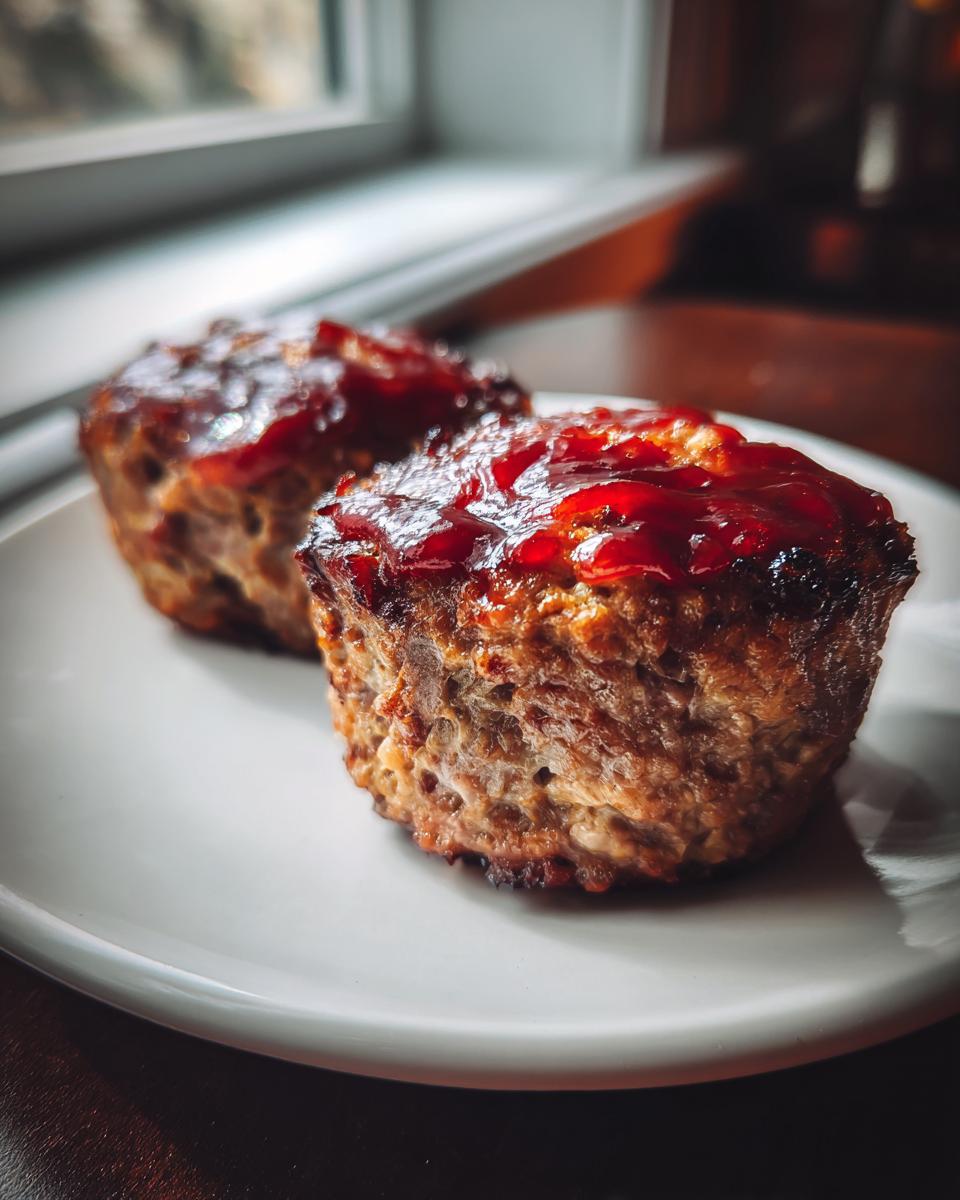 Two perfectly baked mini meatloaf portions topped with a shiny red glaze, resting on a white plate.