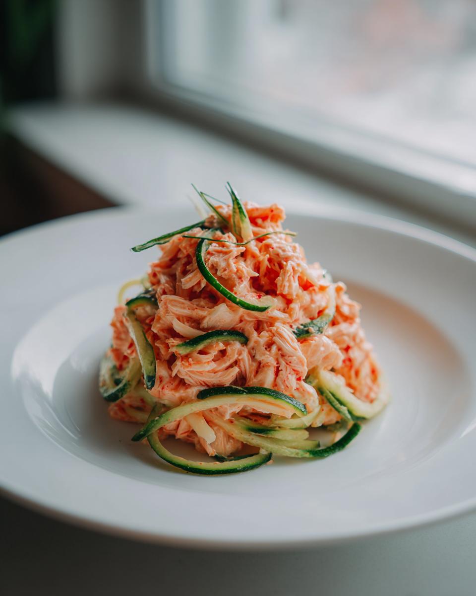 A mound of creamy, shredded kani salad mixed with thin cucumber ribbons served on a white plate.
