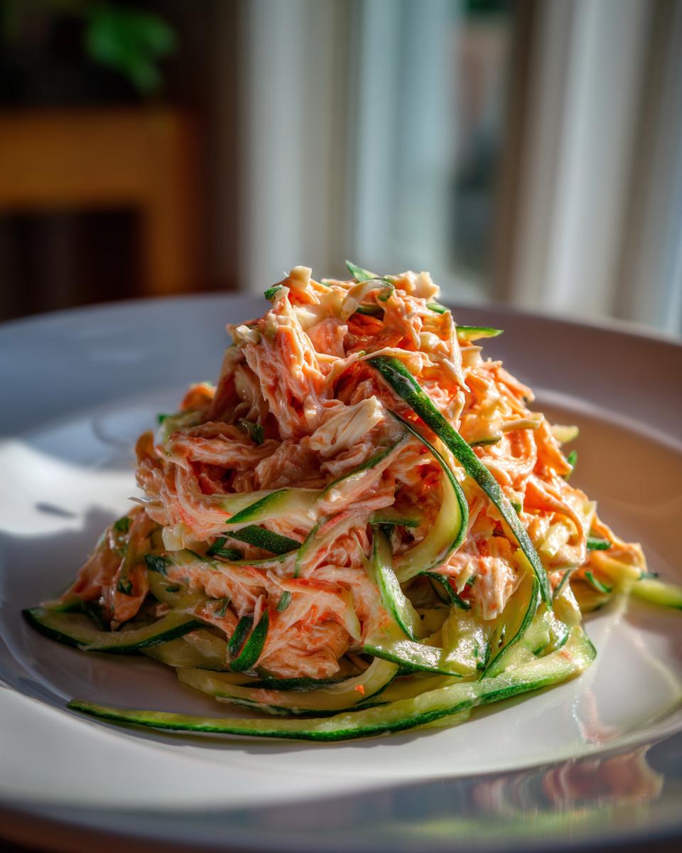 A mound of creamy kani salad mixed with thin zucchini ribbons served on a white plate.