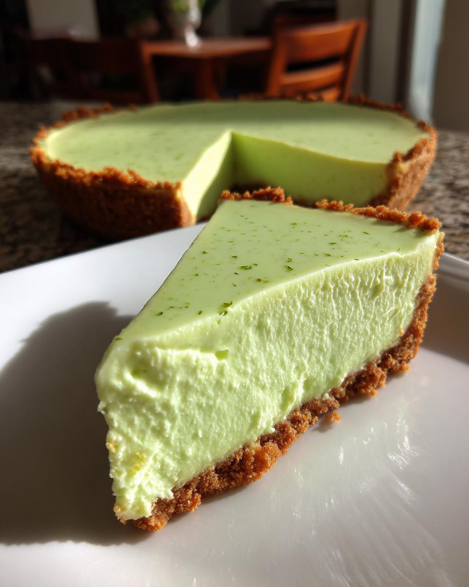 A close-up of a slice of bright green key lime cheesecake with a thick graham cracker crust, sitting on a white plate.