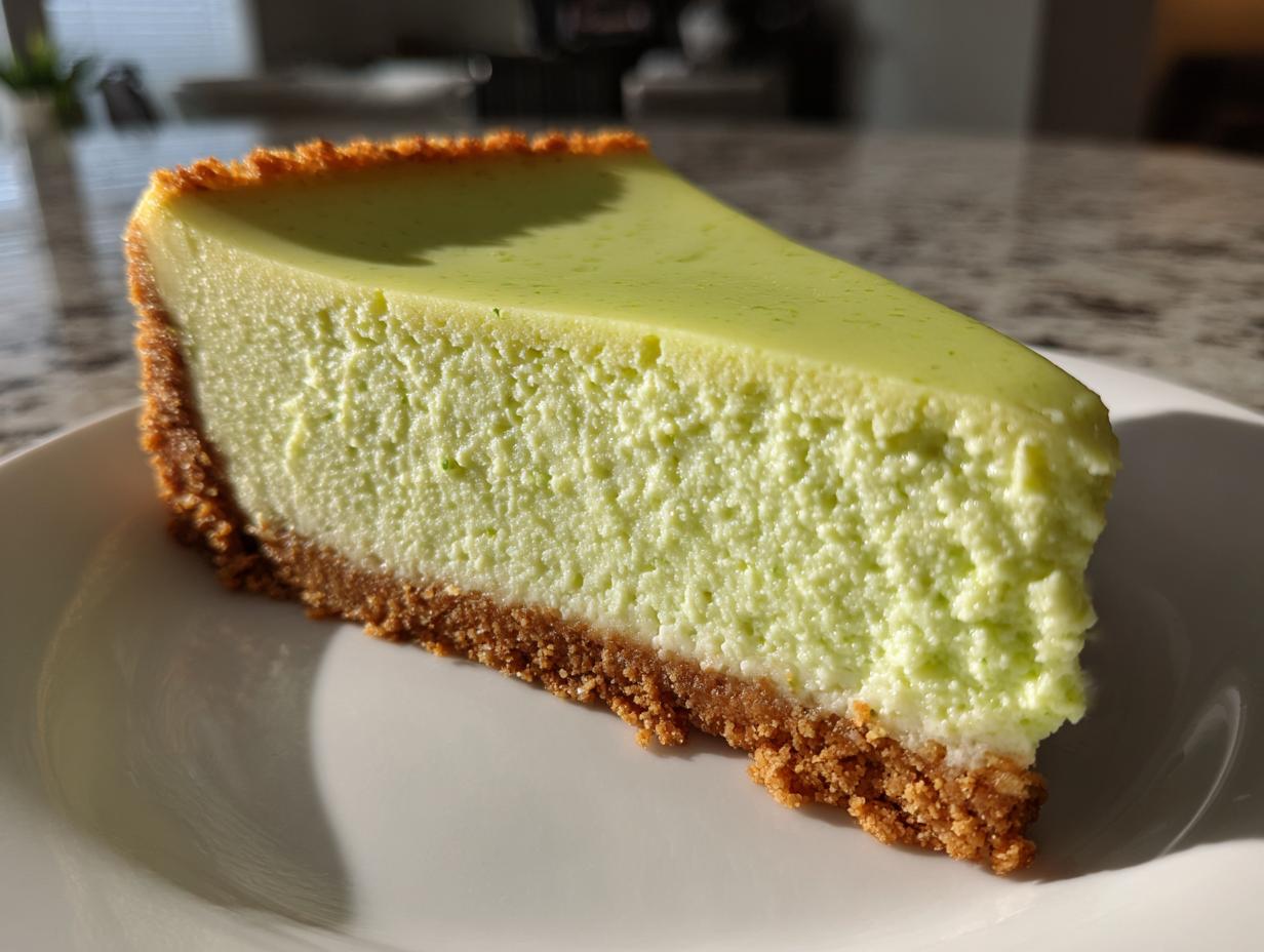 A perfect slice of bright green key lime cheesecake with a thick graham cracker crust, sitting on a white plate.