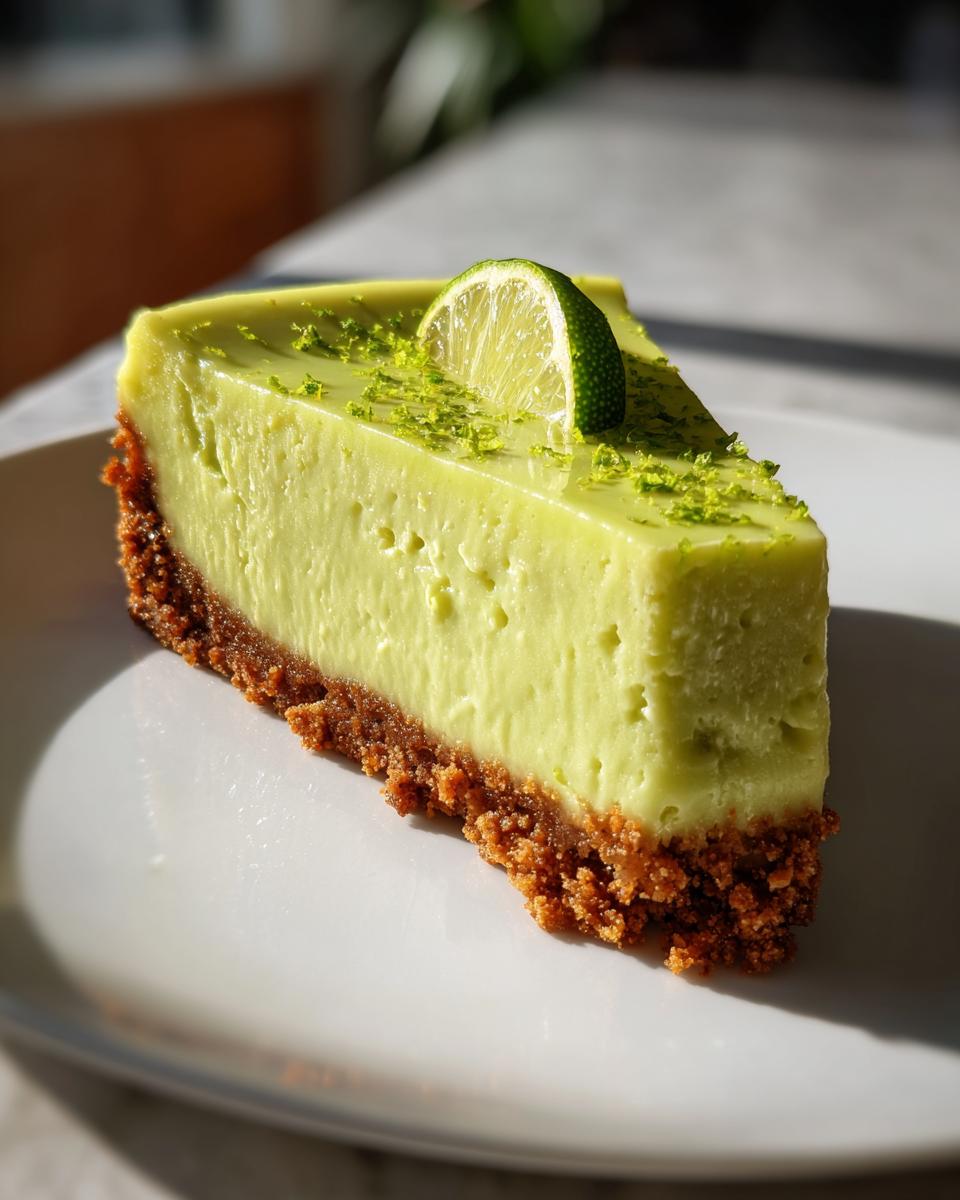 A perfect slice of bright green key lime cheesecake with a graham cracker crust, topped with lime zest and a lime wheel.