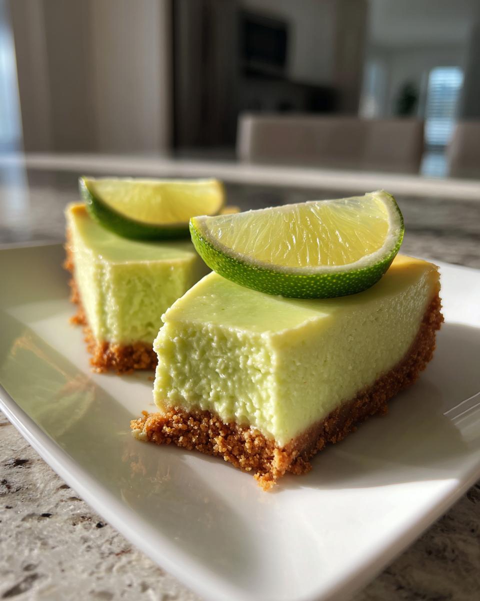 Two perfectly square slices of bright green key lime cheesecake with graham cracker crust, topped with fresh lime wedges.