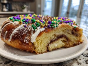 Close-up of a slice of homemade king cake showing cinnamon swirl filling, white icing, and colorful purple, green, and gold sprinkles.