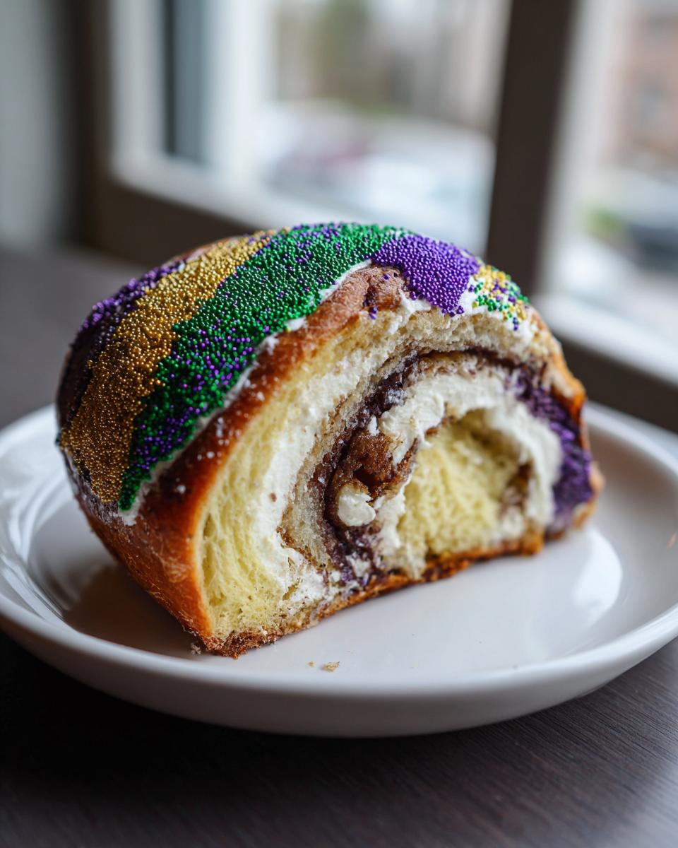 A cross-section slice of a rich, cream cheese-filled king cake topped with purple, green, and gold Mardi Gras sprinkles.